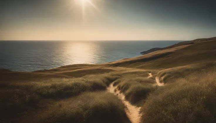 downhill,Expansive ocean,Summer sunshine,sea breeze