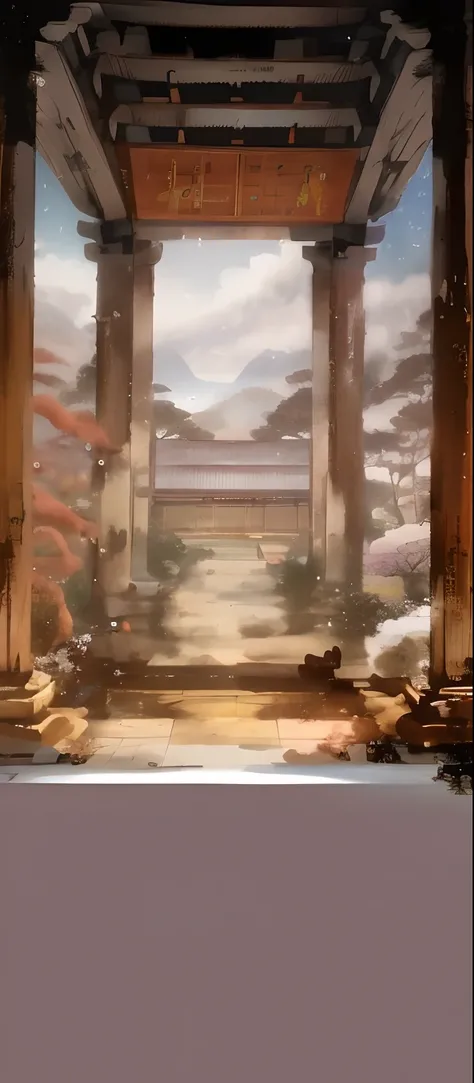 The foreground is the perspective inside the pavilion，The vista is the ancestral hall building，Anime landscape concept art, arte de fundo, mysterious temple setting, anime backgrounds, background artwork, Zen temple background, Anime landscapes, interior b...