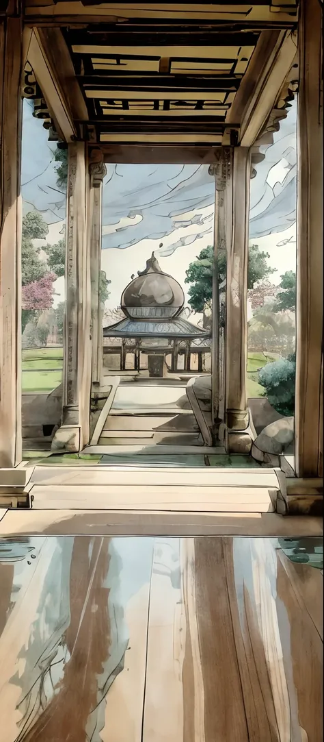 The foreground is the perspective of the inside of the pavilion，The vista is the ancestral hall building，Anime landscape concept art, arte de fundo, mysterious temple setting, anime backgrounds, background artwork, Zen temple background, Anime landscapes, ...