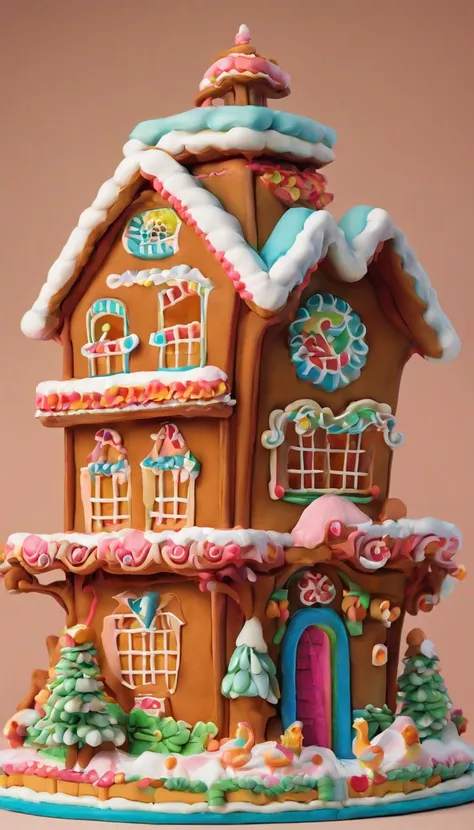 a gingerbread house, clay material, cartoonish design style, pop mart, soft lighting, smooth lines, tilt-shift lenses, detailed science fiction illustrations, hyper-realistic details, warm color