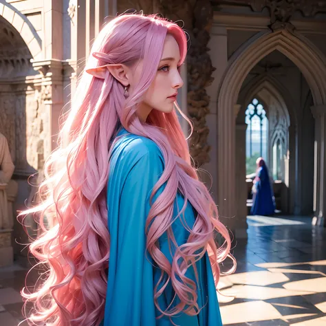 A Woman, long curly hair, pink hair, blue eyes, elf, wandering in the castle, Alone, Coast, castle, inside the castle