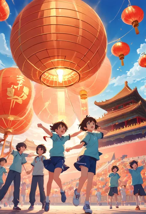 In front of the Forbidden City, Children in basketball uniforms cheering，Lanterns float in the air，Doves of peace are flying，national day，The overall picture is located in the lower center