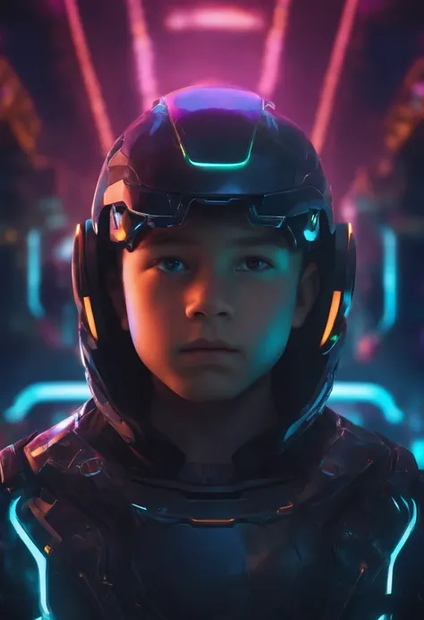 Cyborg boy with neon night background