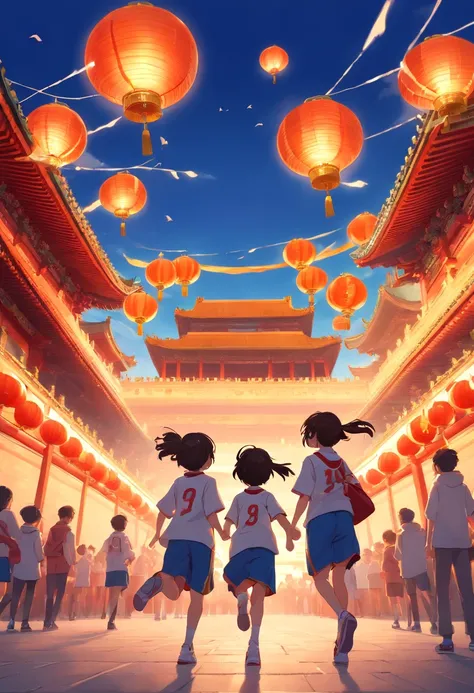 In front of the Forbidden City, In the distance, Children in basketball uniforms cheering，Lanterns float in the air，Doves of peace are flying，national day，The overall picture is located in the lower center