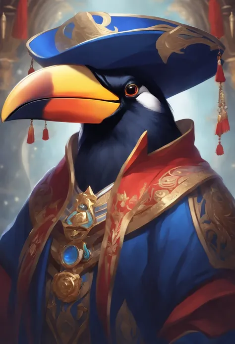 a close up of a person wearing a blue hat and a blue robe, mage robe based on a toucan, onmyoji portrait, discord profile picture, portrait of a digital shaman, portrait of a mage, blue cloak, lunar themed attire, akali, closeup portrait of an mage, style ...