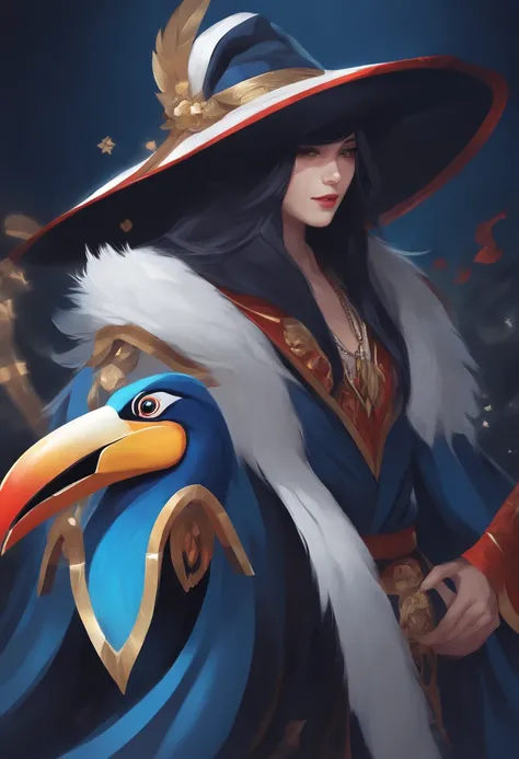 a close up of a person wearing a blue hat and a blue robe, mage robe based on a toucan, onmyoji portrait, discord profile picture, portrait of a digital shaman, portrait of a mage, blue cloak, lunar themed attire, akali, closeup portrait of an mage, style ...