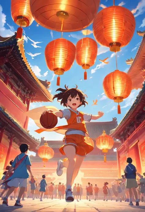 In front of the Forbidden City, In the distance, Children in basketball uniforms cheer，Lanterns float in the air，Doves of peace are flying，national day，The overall picture is located in the lower center