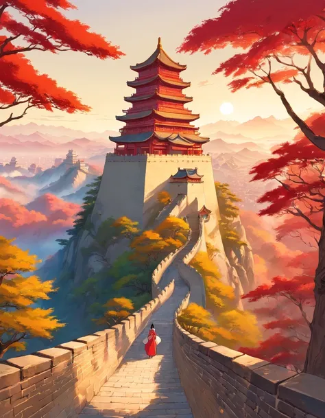 Ancient painting giant pen, Poetic, beijing, Great Wall of China, closeup cleavage, Gradient, Golden architecture, Matte red background, Trees and emperors decorate paradise