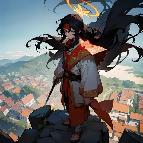 1male, monkey king, layered hair, black hair, evil, standing on a cliff, overlooking village, one hand to the sky , halo , headband , magic crown