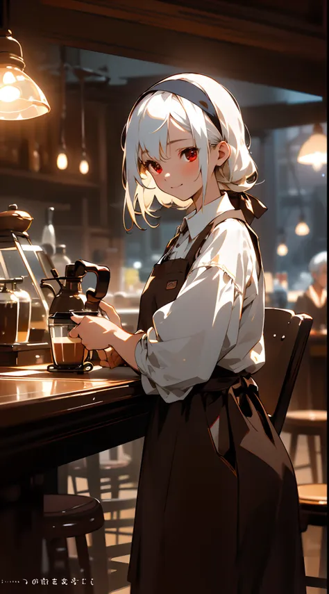 (masterpiece), best quality,  a girl working on a  coffe shop, she she is making coffe in a machine, making coffe, perfect face, expressive eyes, brown apron, coffe shop from inside, tied hair,red eyes, cute girl, cozy, (night), realistic, 4k, intricate, d...