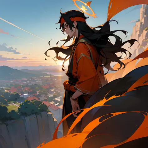 1male, monkey king, layered hair, black hair, evil, standing on a cliff, overlooking village, one hand to the sky , halo , headband , magic crown