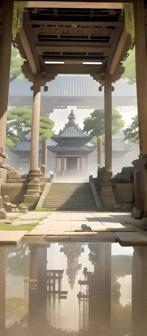 The foreground is the perspective inside the pavilion，The vista is the ancestral hall building，Anime landscape concept art, arte de fundo, mysterious temple setting, anime backgrounds, background artwork, Zen temple background, Anime landscapes, interior b...