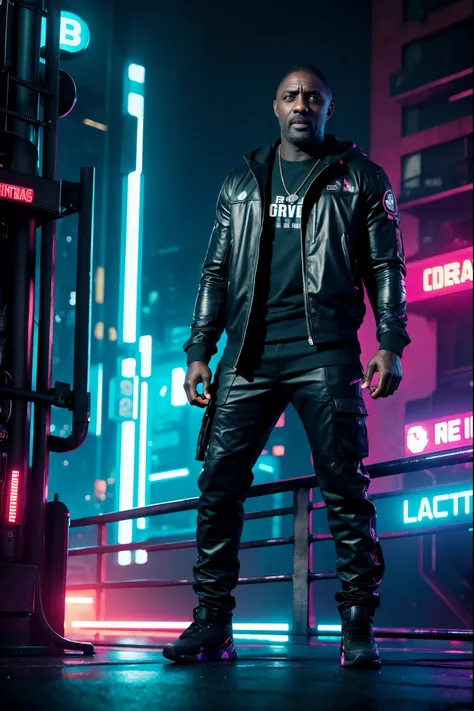 ((Idris Elba)),  loish, jeremy mann, full body shot, character sheet, lightningwave, 3d, cgi, glowing neon, cyberpunk, streetwear outfit, neon city