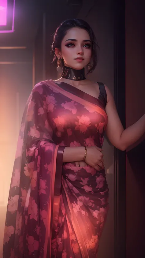 1girl , beautiful light eyes,wearing saree , realstic ,light background, cyberpunk