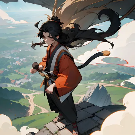 1male, monkey king, layered hair, black hair, standing on a cliff, overlooking village, one hand to the sky , monkey tail , animal tail , grey and white gi