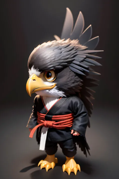 Create a cartoon-style 3d mascot of a baby eagle using jiujitsu kimono on a black background. The eagle must be represented with human characteristics that demonstrate that it is a child.