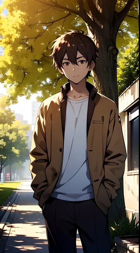 ((Satoshi)) standing beside the tree, brown hair, cool guy.