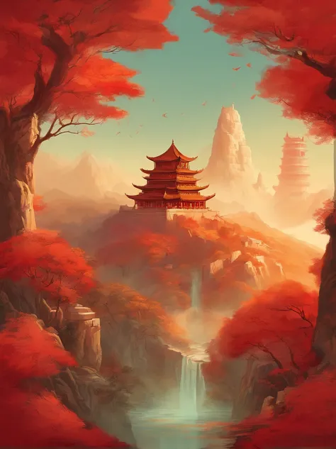 Ancient painting giant pen, Poetic, beijing, Great Wall of China, closeup cleavage, Gradient, Golden architecture, Matte red background, Trees and emperors decorate paradise