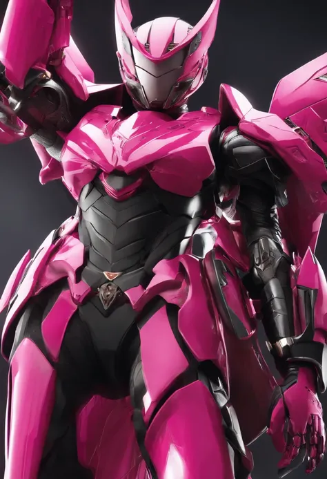 woman in a pink and black outfit, simplified pink armor, plain pink armor, fuchsia skin beneath the armor, cyber fight armor, sharp silver armor fuchsia skin, cyber japan style armor, cyber japan armor, Kamen Rider character, fuchsia skin below the armor, ...