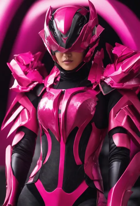 woman in a pink and black outfit, simplified pink armor, plain pink armor, fuchsia skin beneath the armor, cyber fight armor, sharp silver armor fuchsia skin, cyber japan style armor, cyber japan armor, Kamen Rider character, fuchsia skin below the armor, ...