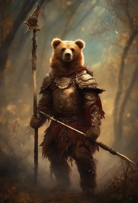 Teddy bear warrior carrying a spear and shield, debaixo da cama. ACTION SCENE