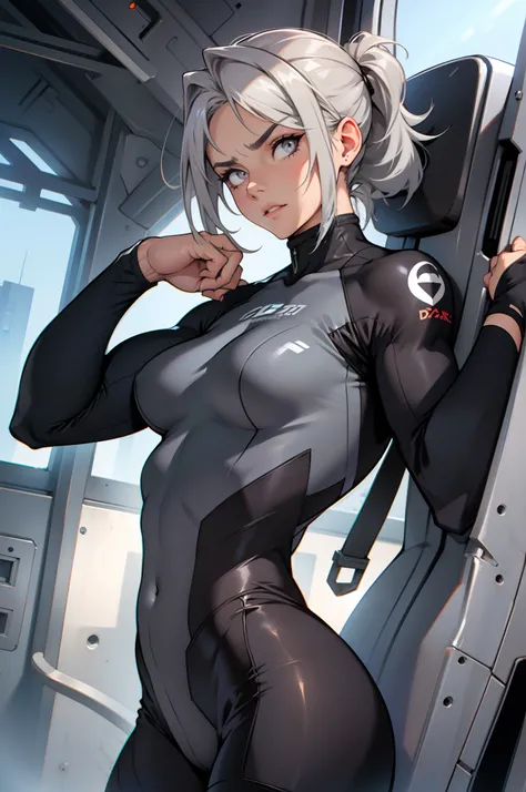 grey hair grey eyes (muscular) curvy (contempt expression) solo pilot suit (1 girl) dutch angle