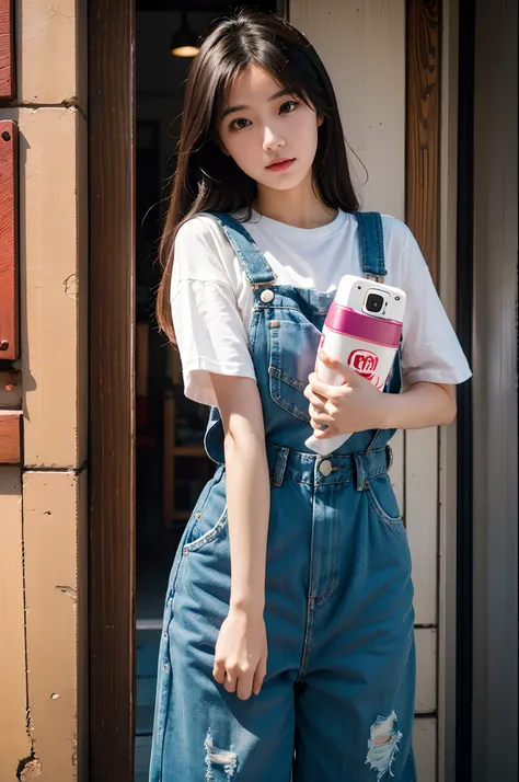 there is a woman in overalls holding a cell phone, a picture inspired by ei-q, flickr, neogeo, e-girl, e - girl, chiho, captured...