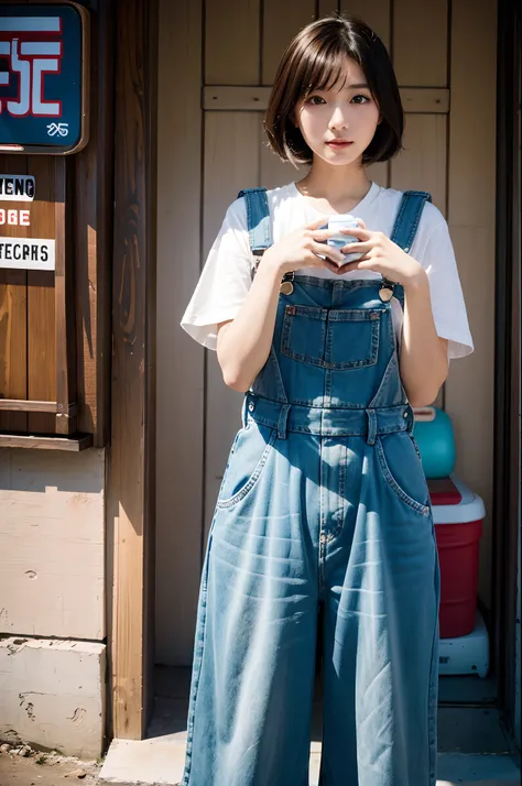 there is a woman in overalls holding a cell phone, a picture inspired by Ei-Q, flickr, neogeo, e-girl, e - girl, chiho, captured on canon eos r 6, eeri, shot on canon eos r 5, shot on canon eos r5, lofi girl, taken with canon eos 5 d mark iv