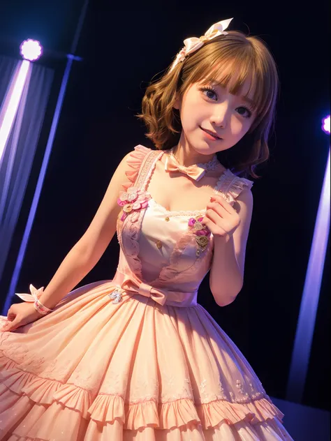 momoko suou (million live), 1 girl, Lori, Petite, Best Quality, Ultra-detailed, 8K, masutepiece, High resolution, idol costume, Princess Line Dresses, Beautiful dress, A big ribbon on her chest, brooches, concert,