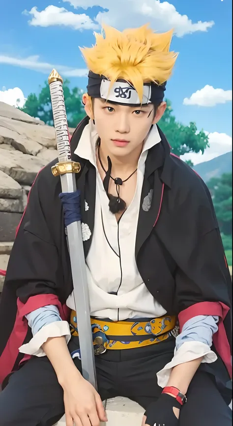 Real life adaption of this character,Asian teen handsome face,blue eyes, looking to viewer,realistic same hair, realistic ninja headband, realistic same outfit, realistic background, hyper realistic, realistic light, realistic shadow, realism,(photorealist...