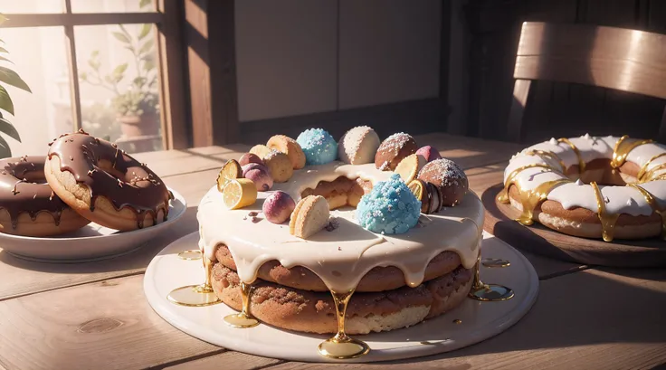 (no humans), (masterpiece), (high detail), (highest resolution), cinematic lighting, realistic, CG 4K wallpaper, Octane Render, RTX, ray tracing, depth of field, a delectable assortment of donuts on a rustic wooden table, succulent and mouthwatering, rich ...