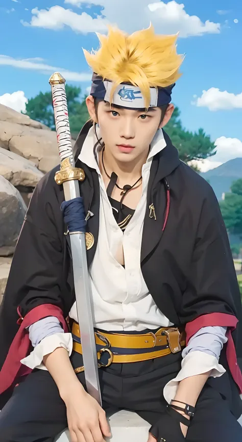 Real life adaption of this character,Asian teen handsome face,blue eyes, looking to viewer,realistic same hair, realistic ninja headband, ((realistic same outfit)), realistic background, hyper realistic, realistic light, realistic shadow, realism,(photorea...