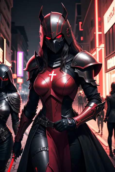 Ark Art Darkweb outdoor one street ,Catacomb décor ,2femmes Evil Knight qui marchent dans le rue, Using a red neon mask, Use of red neon armor, Cross of Christ on Armor Darkness,obscur,4K