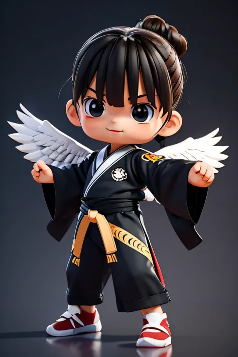 create a 3d mascot of a baby eagle using kimono jiujitsu in fighting poses on a black background. the eagle must be represented ...