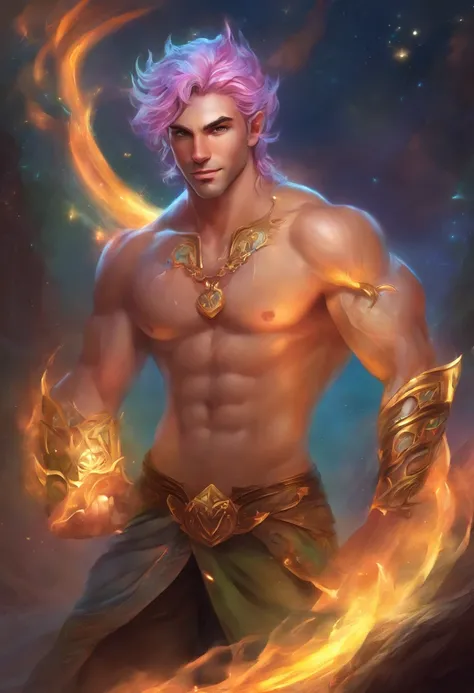 A beautiful muscular 30 years-old naked male elf with colorful hair, neatly messy, tall, oily skin, blinks an eye, cute smile, each muscle well defined, bodybuilder body, visible muscle fibers,