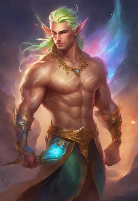 A beautiful muscular 30 years-old naked male elf with colorful hair, neatly messy, tall, oily skin, blinks an eye, cute smile, each muscle well defined, bodybuilder body, visible muscle fibers,