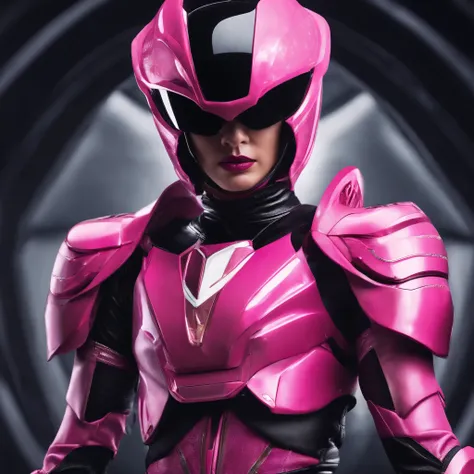 Portrait of a futuristic pink Power Ranger from space, fashion, editorial, fotografia editorial, capa de revista, 4k, boneca, intricate details, black studio background ::n_ low quality, full body, signature, mark, watermark, text, deformed, deformed eyes,...