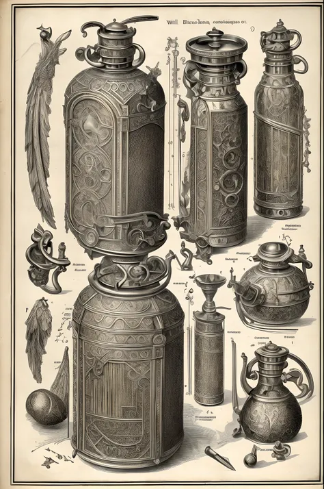 ((without people)) ((nobody)) Vintage Victorian style, Precise vintage encyclopedia (best quality:1.2), (detailed:1.2), (masterpiece:1.2), vintage illustrations of alchemy bottles