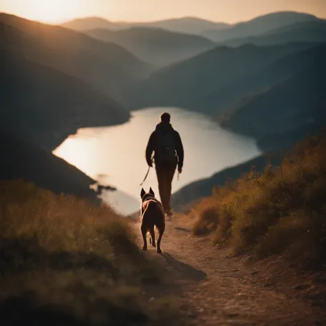 A dog with its owner, seen from behind, walking at sunset on a mountain trail. sunset, 80mm, f/1.8, dof, bokeh, depth of field, subsurface scattering, stippling