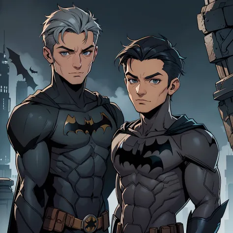 garoto loiro com olhos castanhos vestido de batman, em 2D, with gray scenery, cabelo curto loiro escuro, olhos marrom, roupa do batman boy loiro