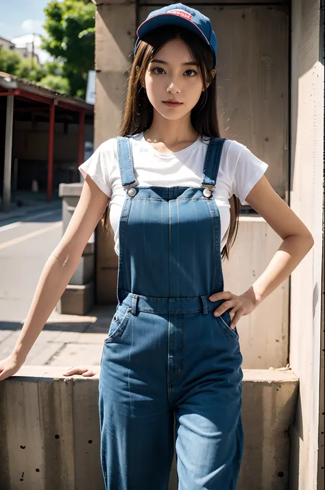 there is a woman in a red shirt and blue overalls posing, wearing plumber uniform, overalls, artist wearing overalls, working cl...