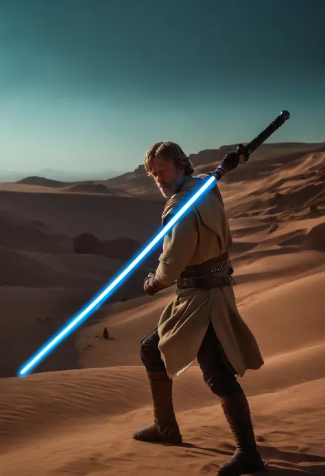 Luke Skywalker como um guerreiro espartano, Pulando no ar, a neon blue lightsaber in hand, The sky is a pale green hunter, Dying Spartans on the ground , armadura sangrenta, epics, 8k