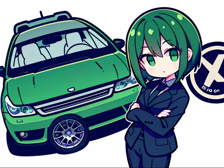 The logo of the car customization company should be a short green black hair、Green eyes、Girl in suit