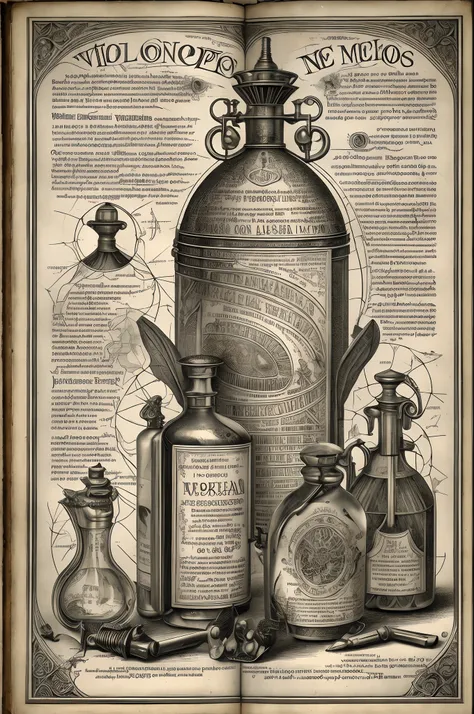 ((without people)) ((nobody)) Vintage Victorian style, Precise vintage encyclopedia (best quality:1.2), (detailed:1.2), (masterpiece:1.2), vintage illustrations of alchemy recipe and ingridients and bottles