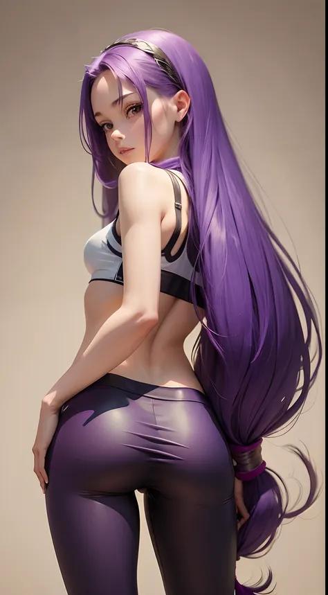 Girl with long purple hair slim, cuteface, little chest, Mothers, narrow hips, in leggings, seen from behind