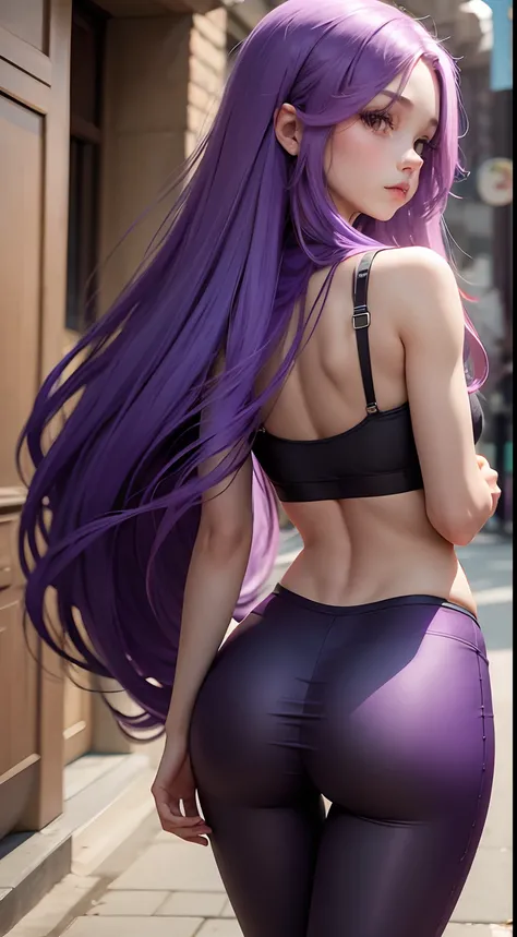 Girl with long purple hair slim, cuteface, little chest, Mothers, narrow hips, in leggings, seen from behind