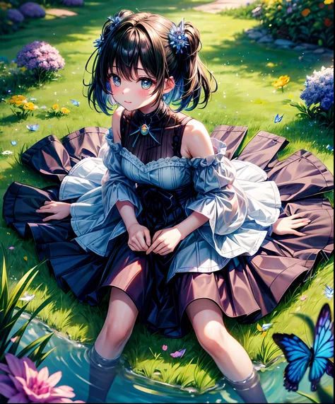 Cute girl characters、Describes a scene with grassy butterflies lying on the water flying around, Looking up at the starry sky. Surround her with colorful nebulae and her favorite constellations.