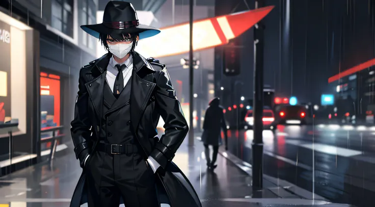 Libido boy，with short black hair，Wear a black trench coat，Wear a trench coat hat，Wearing a mask，full bodyesbian，Hands in pockets，Handsome pose，In the rain，nigth