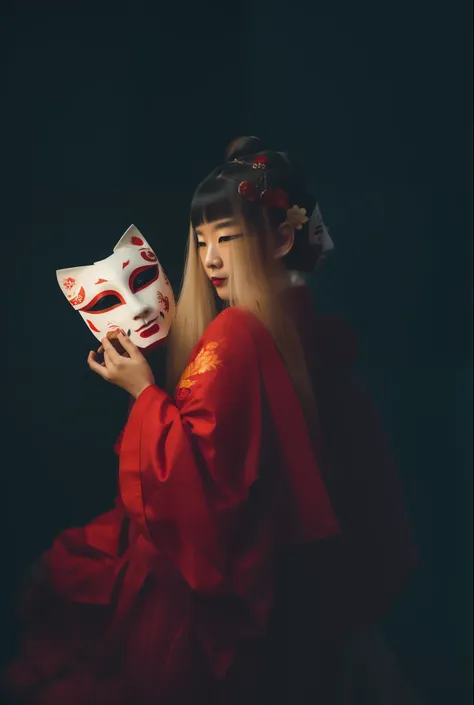 a woman in a red dress holding a mask in her hand, with kitsune mask, wearing a kitsune mask, kitsune mask, kitsune mask on head, inspired by Elsa Bleda, geisha mask, wearing noh theatre mask, wearing a noh theatre mask, broken mask, wearing mask, takato y...