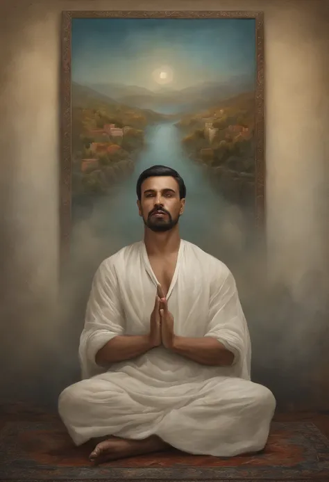 homem maduro, sitting in a meditation position, diante de um orisonte lindo, com o sol se pondo, in connection with the divine, foto de retrato, Directed by: Drew Tucker, Directed by: Adam Marczyński, Directed by: Alexander Kucharsky, Directed by: Gavin No...